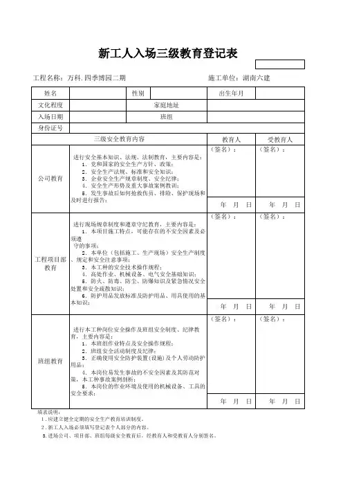 建筑工地安全三级教育登记表