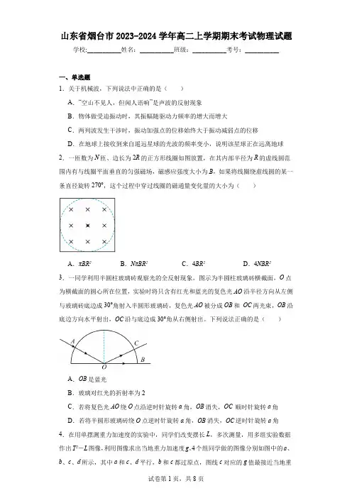 山东省烟台市2023-2024学年高二上学期期末考试物理试题