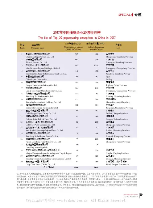 2017中国造纸企业20强排行榜