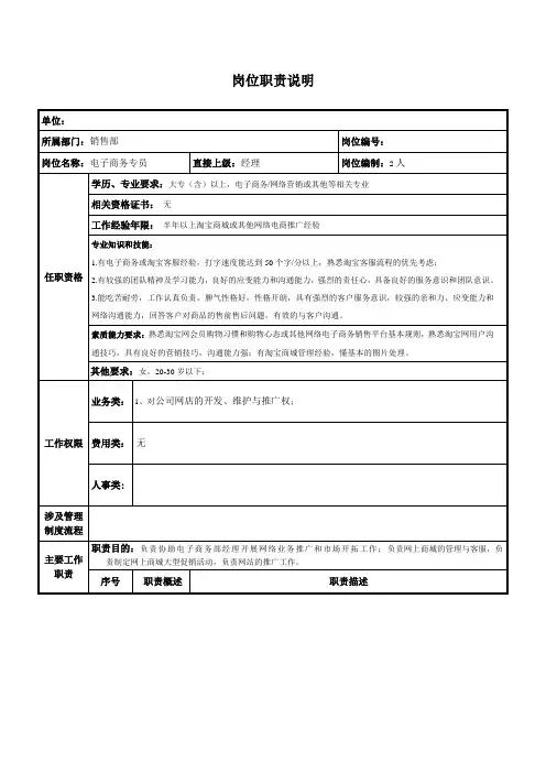 电子商务客服岗位说明书