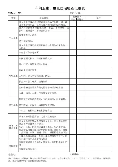 车间卫生、虫鼠害检查记录(069)
