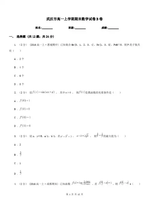 武汉市高一上学期期末数学试卷B卷(考试)