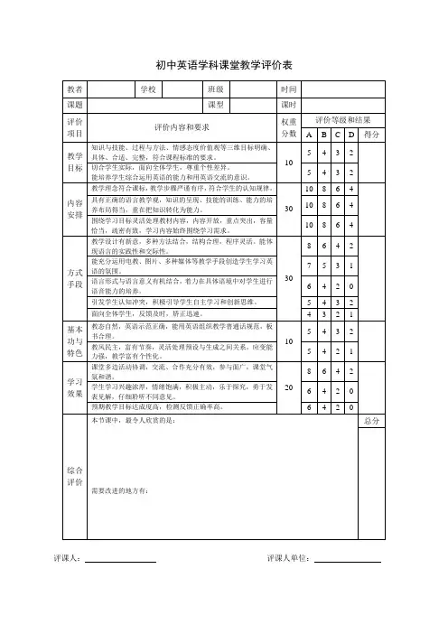 初中英语学科课堂教学评价表