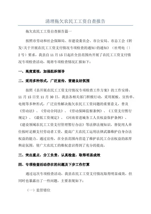 清理拖欠农民工工资自查报告
