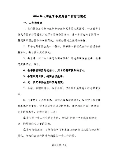 2024年大学生青年志愿者工作计划模板(5篇)
