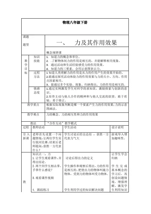 鲁科版初中物理八年级下册《第六章 力和运动 第一节 力及其作用效果》优质课教学设计_1