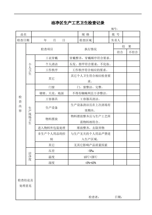 洁净区生产工艺卫生检查记录表