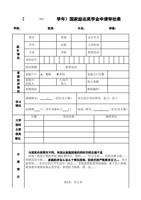 年国家励志奖学金申请表-填写模板(到学工处网站下载2012年新表填写,旧表会有格式不一样地方)