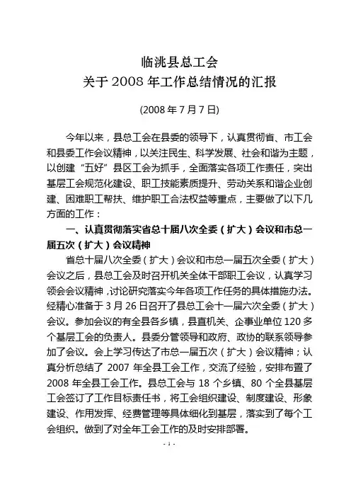 关于2008年工作总结情况的汇报
