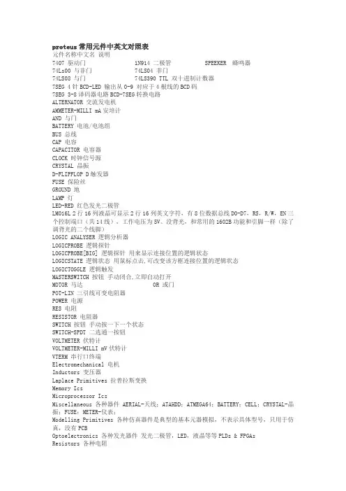 proteus常用元件中英文对照表