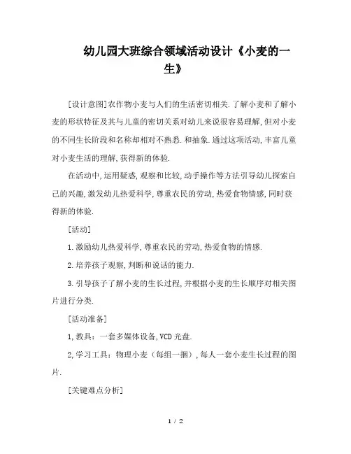 幼儿园大班综合领域活动设计《小麦的一生》