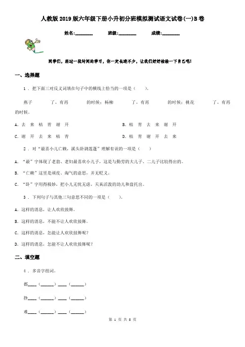 人教版2019版六年级下册小升初分班模拟测试语文试卷(一)B卷
