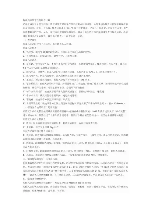 各种通风管道性能综合比较