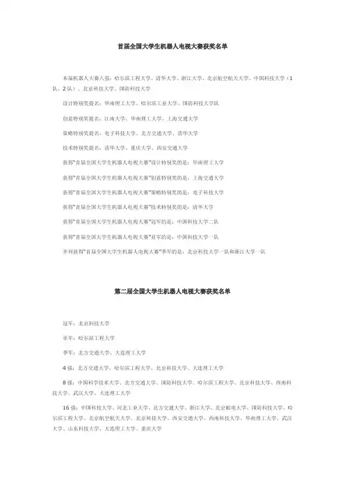 历届全国大学生机器人电视大赛获奖名单