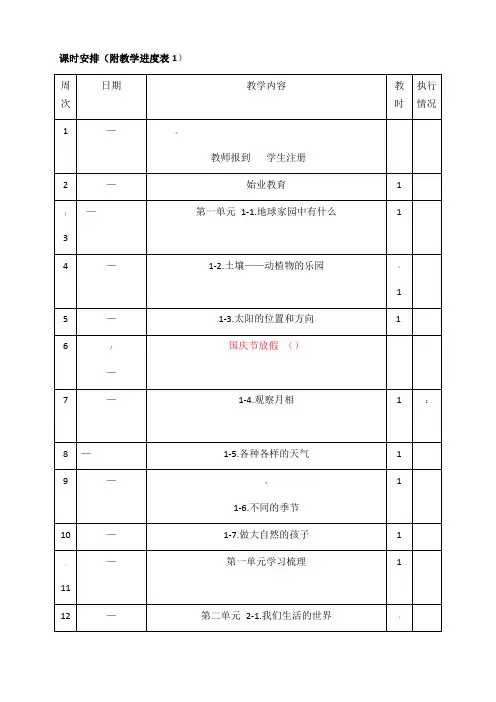教科版二年级科学教学进度表