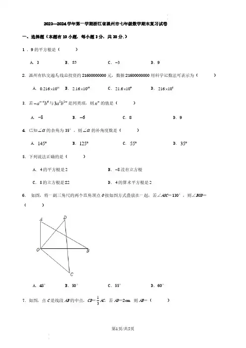 浙江省温州市2023--2024学年七年级上学期数学期末复习试卷及参考答案