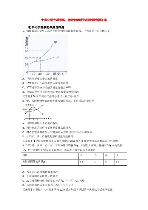 中考化学专项训练：溶液的浓度达标检测卷附答案