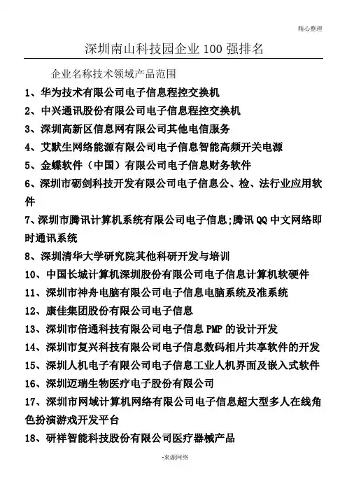 深圳南山科技园企业100强企业排名