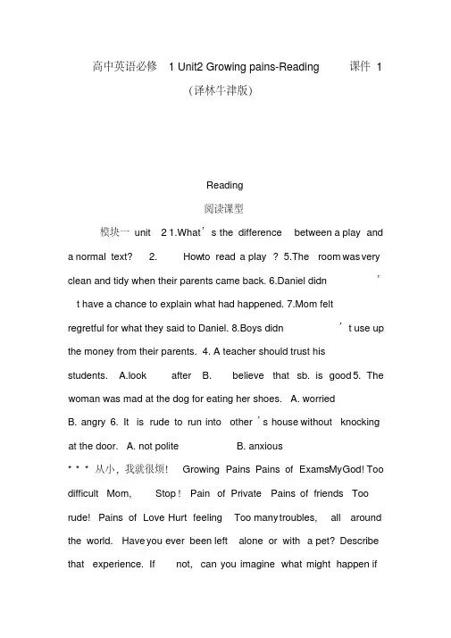 高中英语必修1Unit2Growingpains-Reading课件1(译林牛津版)