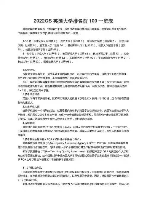 2022QS英国大学排名前100一览表