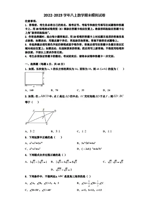 安徽安庆2022-2023学年八年级数学第一学期期末联考试题含解析