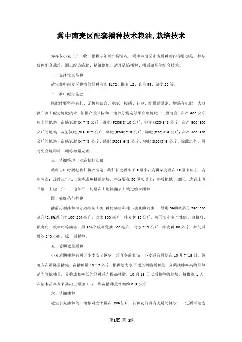 冀中南麦区配套播种技术粮油,栽培技术