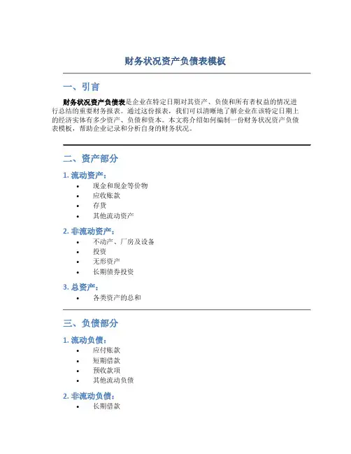 财务状况资产负债表模板