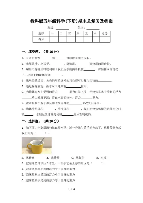 教科版五年级科学(下册)期末总复习及答案
