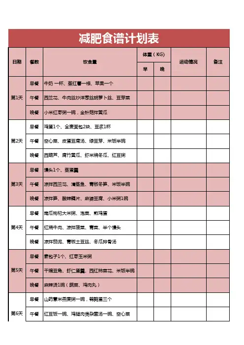 简单减肥食谱计划表EXCEL模板