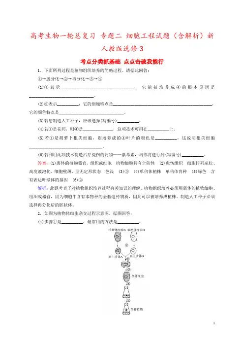 高考生物一轮总复习 专题二 细胞工程试题(含解析)新人教版选修3