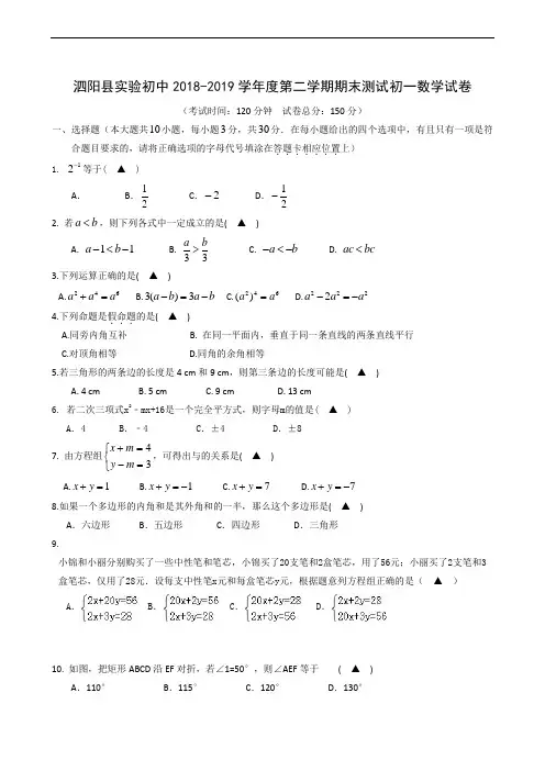 江苏省宿迁市泗阳县实验初级中学2018-2019学年七年级下学期期末考试数学试题