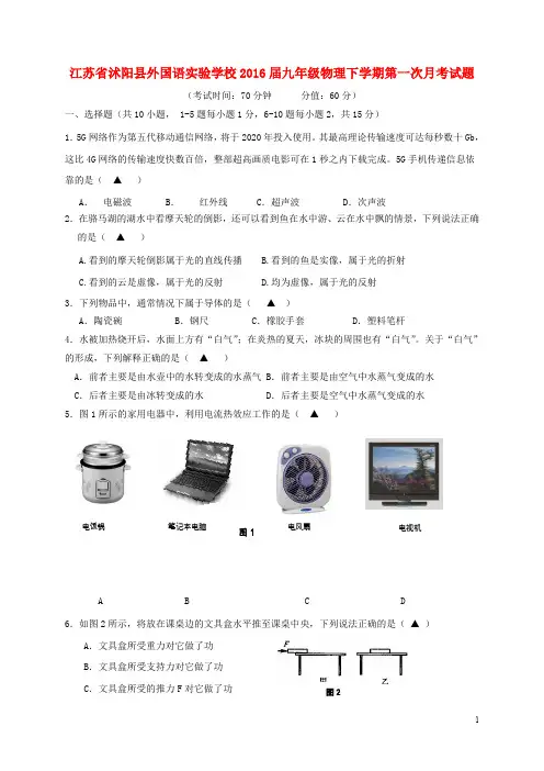 江苏省沭阳县外国语实验学校九年级物理下学期第一次月考试题
