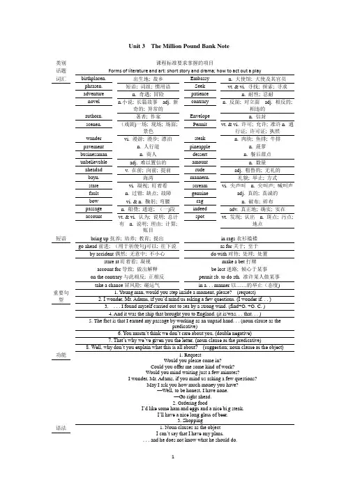 重庆高中英语必修三  Unit3《The Million liound Bank Note》全套教案