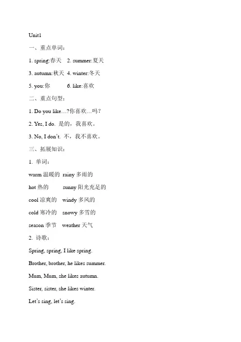 译林版小学英语二年级下册Unit1-8 知识点总结