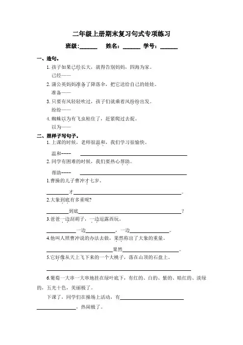 部编语文二年级上册期末复习句式专项练习(精选)