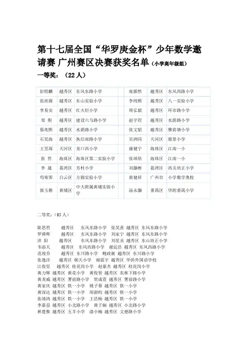 第十七届全国“华罗庚金杯”少年数学邀请赛 广州赛区决赛获奖名单(小学高年级组)
