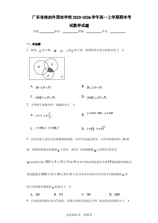 广东省深圳外国语学校2023-2024学年高一上学期期末考试数学试题
