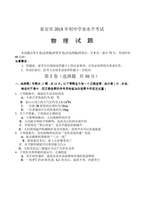 山东省泰安市2018年中考物理试题(含答案)