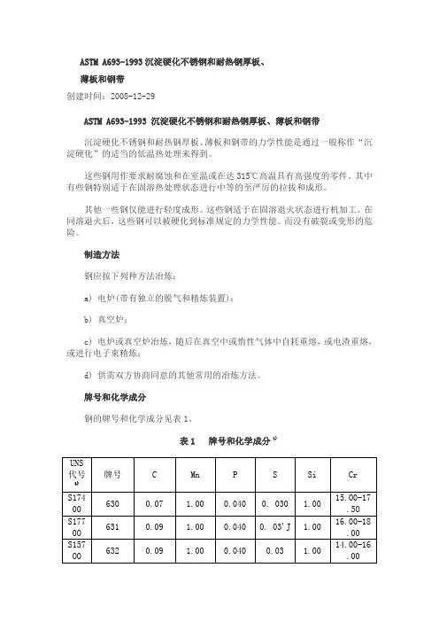 ASTM A693-1993沉淀硬化不锈钢和耐热钢厚板、薄板和钢带