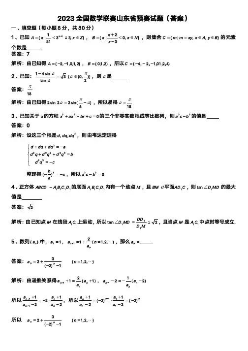 2023全国高中数学联赛山东省预赛试题(答案)