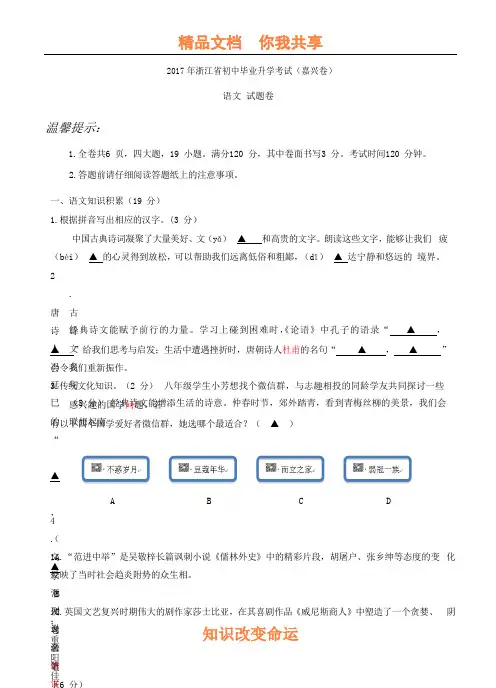 浙江省嘉兴市2017年中考语文试题
