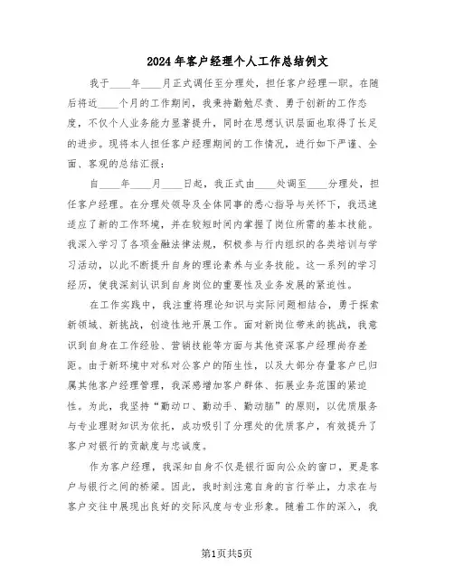 2024年客户经理个人工作总结例文（3篇）