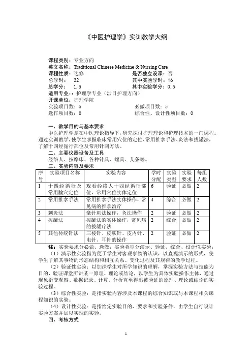 《中医护理学》实训教学大纲(适用于护理学专业)