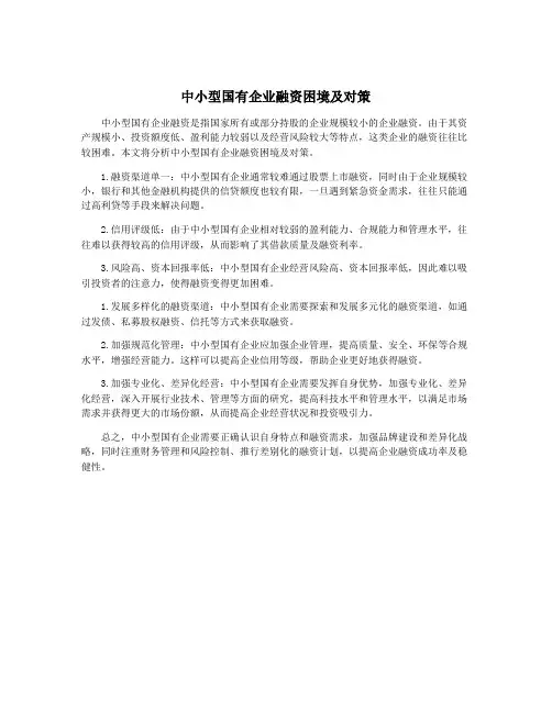 中小型国有企业融资困境及对策