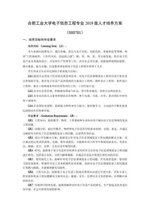 合肥工业大学电子信息工程专业2019版人才培养方案