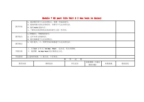 外研版七年级英语下册Module7MypastlifeUnit2IwasborninQuincy教案