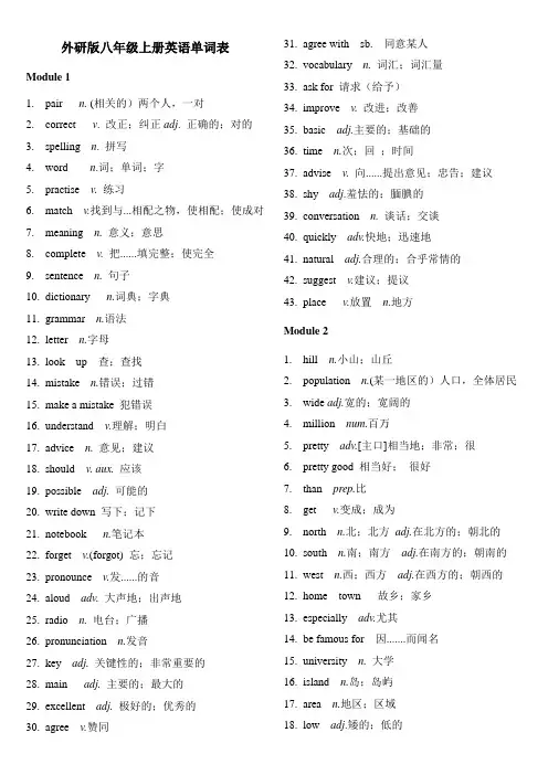 外研版八年级上册英语单词表(附自测单)