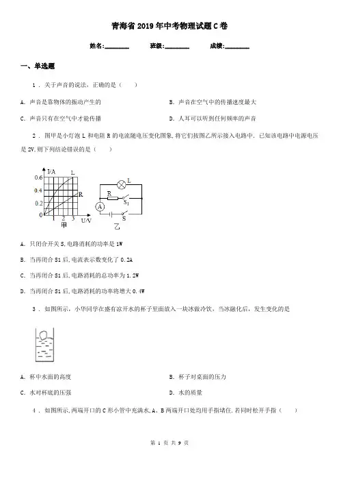 青海省2019年中考物理试题C卷