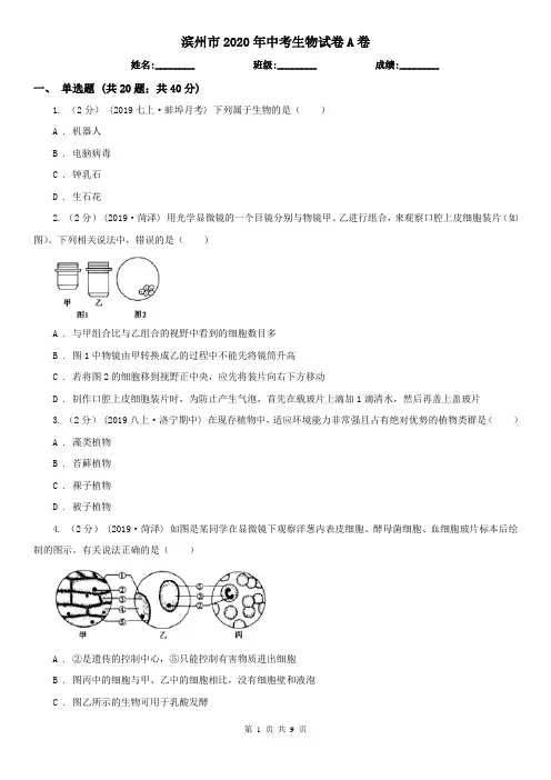 滨州市2020年中考生物试卷A卷