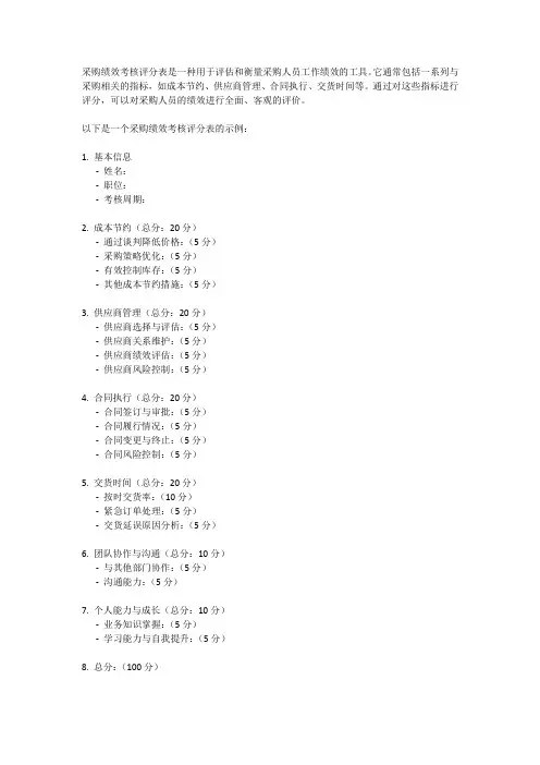 采购绩效考核评分表